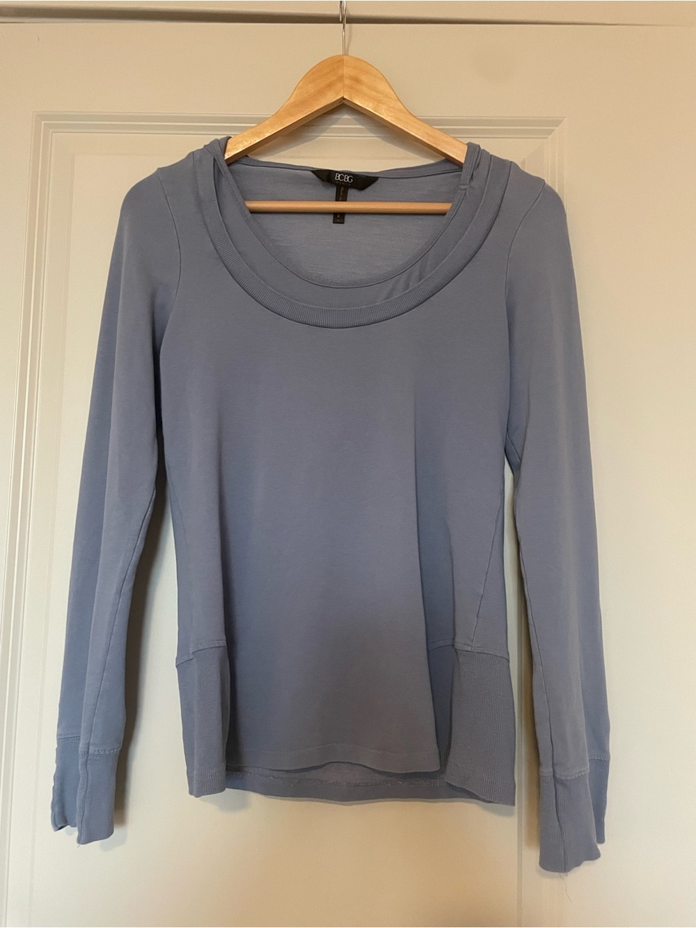 BCBG Slate Blue Long Sleeve Scoop Neck Top with Hood